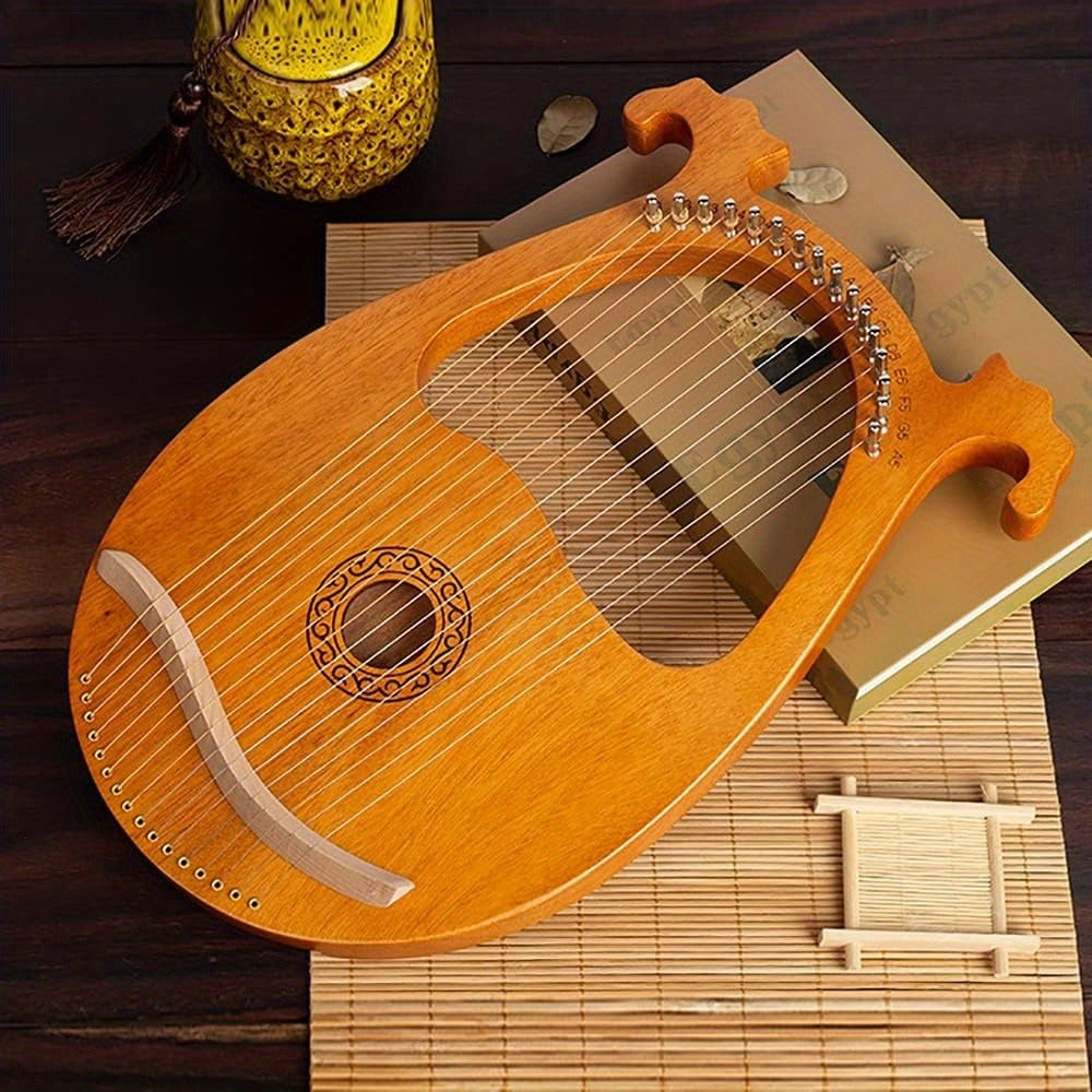 Arpa YIFEICT, Instrumento de Cuerda de Caoba Maciza, Arpa Lira Portátil de 16 Cuerdas, Arpa Lyra Instrumento Vintage, Caoba, Juego de Llaves de Afinación de 16 Cuerdas de Acero (Color de Madera con Patrón Europeo)