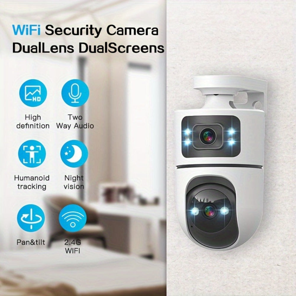 Cámara IP Inalámbrica de Doble Lente, Cámara de Seguridad PTZ para Exteriores con WiFi 2.4G, Pantalla Dual, Seguimiento Automático, Visión Nocturna, Audio Bidireccional, Detección de Movimiento para Seguridad en Hogar, Calle y Monitoreo