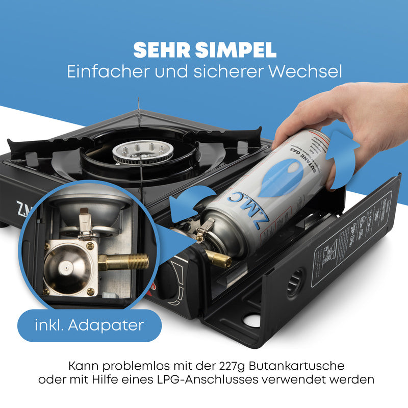 ZMC Estufa de Camping de 1 Quemador 2.2 kW con Encendido Piezoeléctrico, Adaptador para GLP y Estuche de Transporte – Estufa Portátil de Acero Inoxidable para Camping, Exteriores, Jardín, Balcón y Cocina de Emergencia en Interiores | Diseño Robusto, Contr