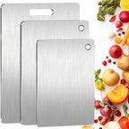 Juego de 3 tablas de cortar de acero inoxidable, diseño portátil, duraderas, fáciles de limpiar, pueden estar en contacto directo con alimentos, aptas para cortar frutas, verduras, carne y pan, varios tamaños para satisfacer necesidades diarias.