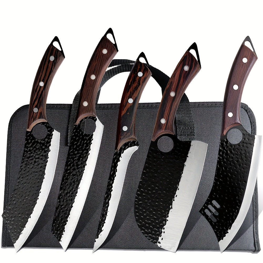 Juego de 5 cuchillos de cocina profesionales, juego de cuchillos de chef, cuchillo de cocina forjado a mano, perfecto para cuchillo de corte, cuchillo afilado de acero inoxidable 7Cr17Mov, mango de madera afilado, cuchillo de chef que incluye bolsa de tra