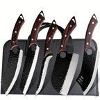 Juego de 5 cuchillos de cocina profesionales, juego de cuchillos de chef, cuchillo de cocina forjado a mano, perfecto para cuchillo de corte, cuchillo afilado de acero inoxidable 7Cr17Mov, mango de madera afilado, cuchillo de chef que incluye bolsa de tra