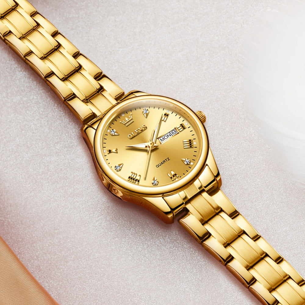 Relojes de Mujer OLEVS: Elegantes y de Moda para Negocios, Diseño Femenino para Muñecas Pequeñas, Cara Pequeña, Tono Dorado y Plateado, Correa de Acero Inoxidable, Cuarzo Analógico, Fecha y Día, Luminiscente, Esferas en /Blanco/Dorado/Azul