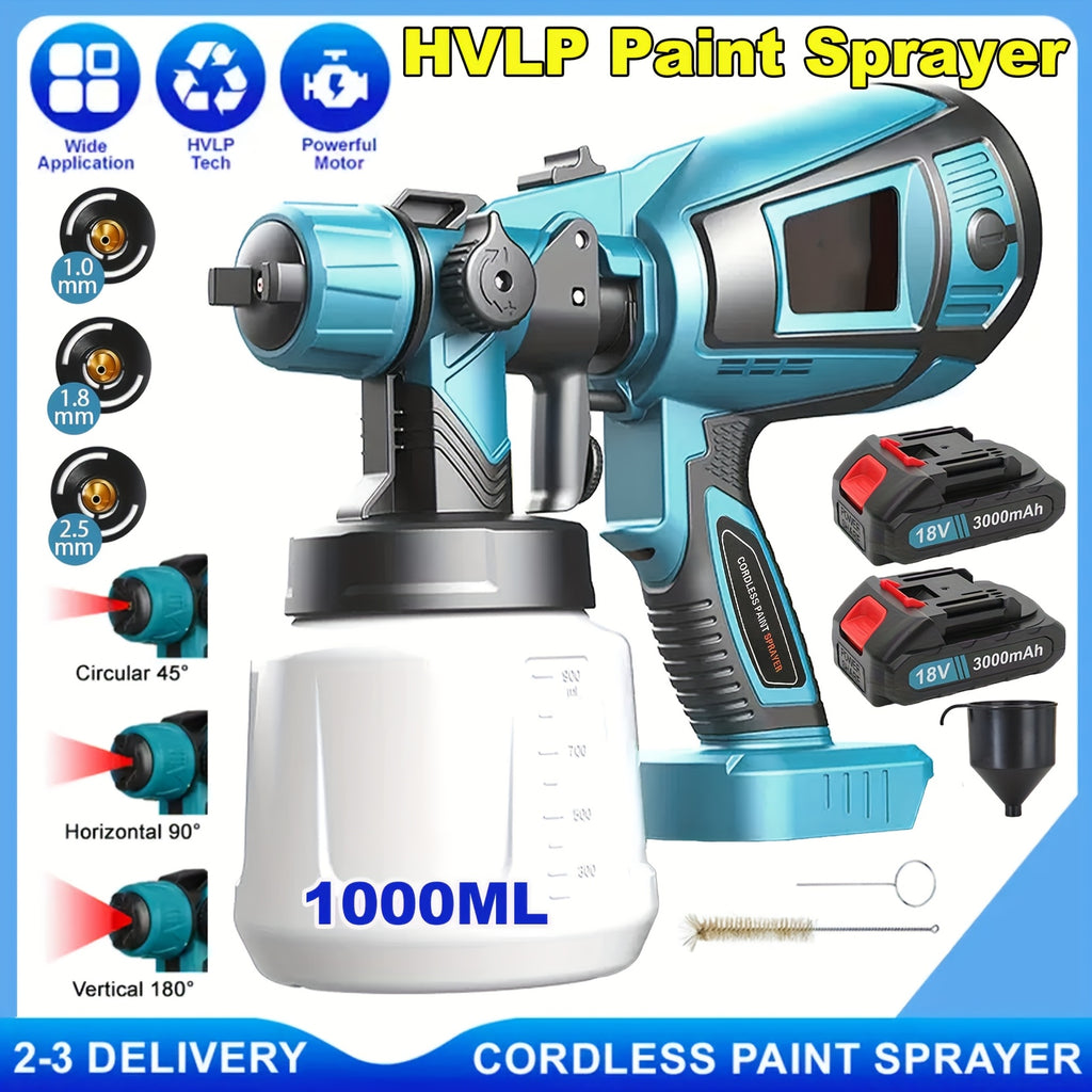 Pistola de pintura inalámbrica compatible con batería Makita de 18V, pistola rociadora de pintura eléctrica de 1000ML con 2 baterías de iones de litio de 3000Mah, aguja de rociado y boquilla de cobre puro, pistola rociadora para cercas, paredes, techos, m