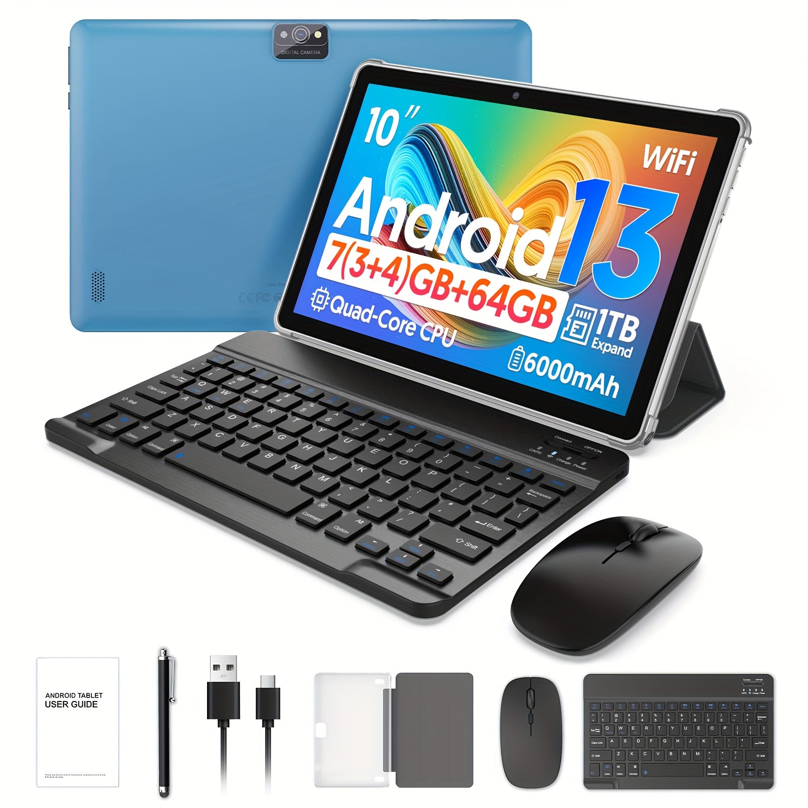 Tabletas Android | Tablet de 10 pulgadas, Tablet Android, Tablet 2 en 1 con Teclado, Funda, Lápiz Óptico, 64GB ROM, 3GB RAM Expansión de 1TB