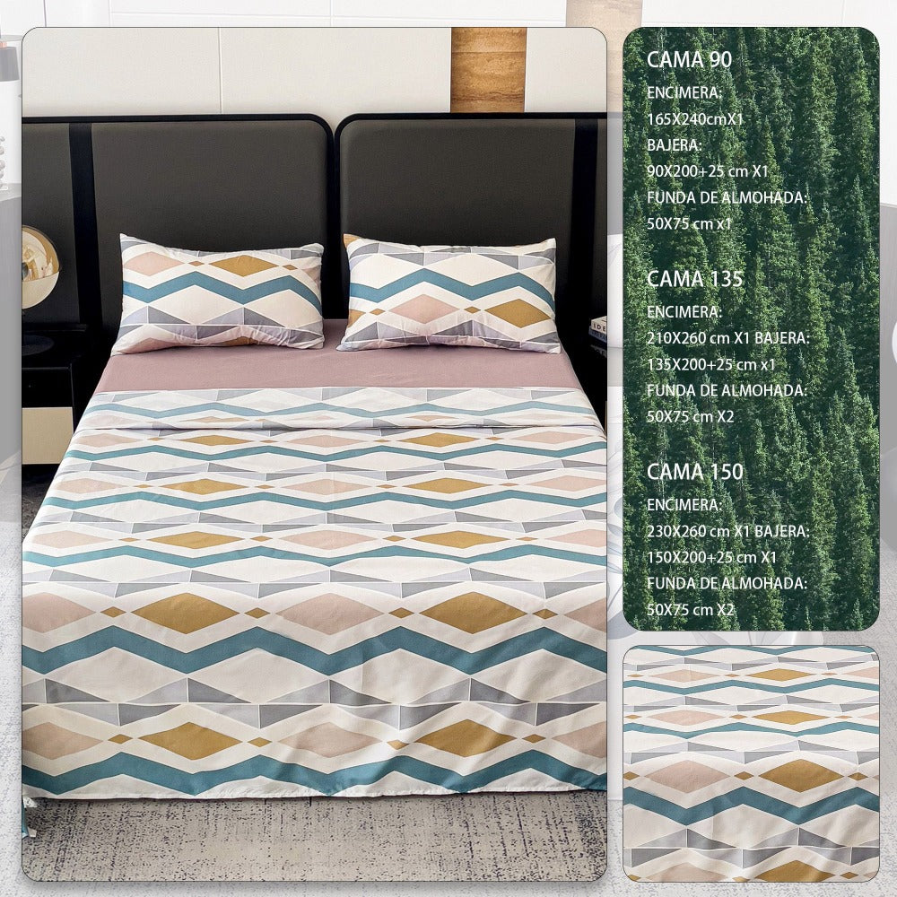 Juego de Sábanas Estampado de 3 o 4 Piezas, Muy Suave, Cómodo y Transpirable, Incluye Sábana Encimera + Sábana Bajera Ajustable + Fundas de Almohada de Sobre