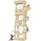 Torre para gatos de interior, 170 cm de alto, casa espaciosa de varios niveles con condominio, 8 postes para rascar, una hamaca y 4 pompones