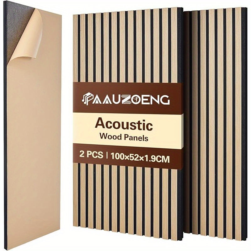 Juego de 2 paneles acústicos autoadhesivos, de 100X52 cm, diseñados para insonorización y reducción de eco. Estos paneles de revestimiento de madera son perfectos para decorar paredes en salas de estar, oficinas y hogares.