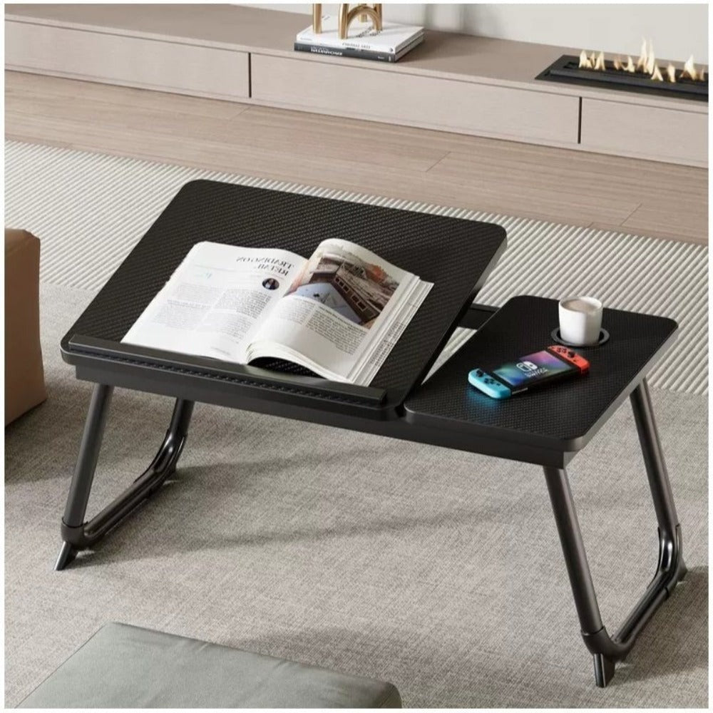 Mesa plegable para cama y sofá con altura ajustable de 5 niveles, bandeja con superficie ajustable y portavasos, mesa pequeña multifunción para ordenador, libros, trabajo y estudio en casa (56x32x25cm)