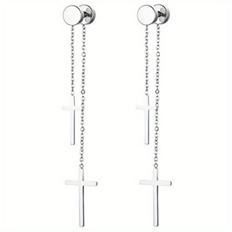 Jewelrywe Hombres Mujeres Aretes Acero Inoxidable con Doble Cruz Cadena Colgante Falso Tuerca Aretes Túnel Colgantes de Oreja para Piercing, Negro Dorado Plateado