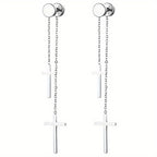 Jewelrywe Hombres Mujeres Aretes Acero Inoxidable con Doble Cruz Cadena Colgante Falso Tuerca Aretes Túnel Colgantes de Oreja para Piercing, Negro Dorado Plateado