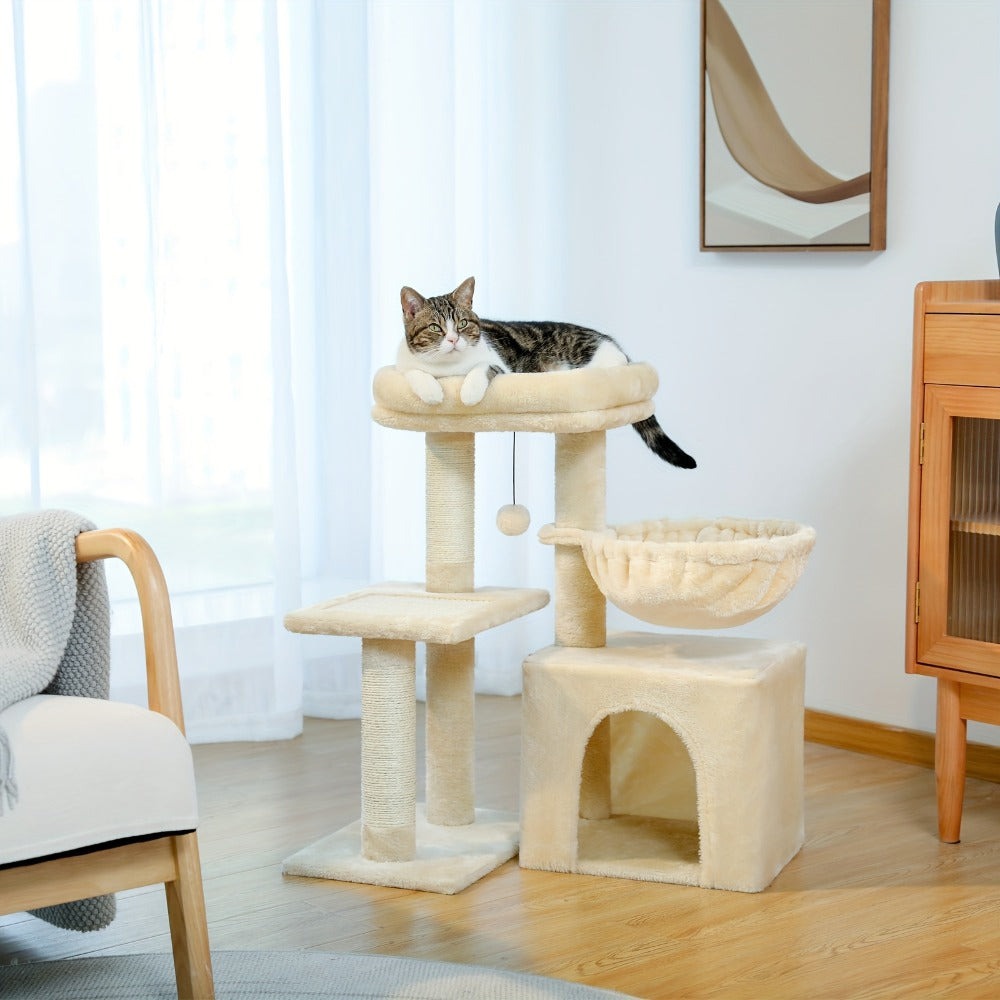 Árbol para Gatos Pequeños de Pawz Road para Interiores - Centro de Actividades Convertible 2-en-1 con Postes Rascadores, Hamaca de Peluche y Percha Superior Desmontable, Diseño Robusto Ahorrador de Espacio para Gatitos, Gris y Beige, Árbol Lindo para Gato