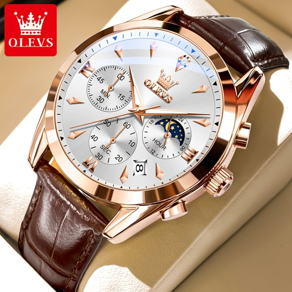 OLEVS Reloj para Hombre Clásico Cronógrafo Cuero Marrón Caja Dorada Analógico Cuarzo Moda Negocios Vestir Cara Grande Reloj de Hombre Día Fecha Luminoso Casual Reloj de Pulsera Masculino Regalos Románticos Relojes De Hombre Azul/Negro/Blanco/Marrón Esfera