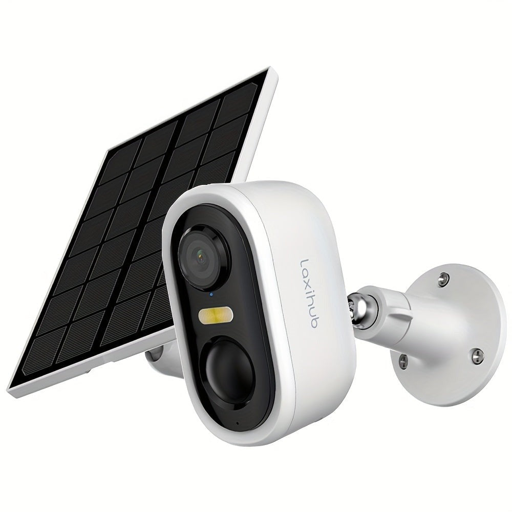 Cámara de seguridad inalámbrica con panel solar para exteriores LaxiHub, visión nocturna FHD de 3MP, foco, batería sin cables de 5200mAh, detección humana PIR, audio bidireccional, almacenamiento en tarjeta SD/nube, cámara de visión nocturna a color, cáma