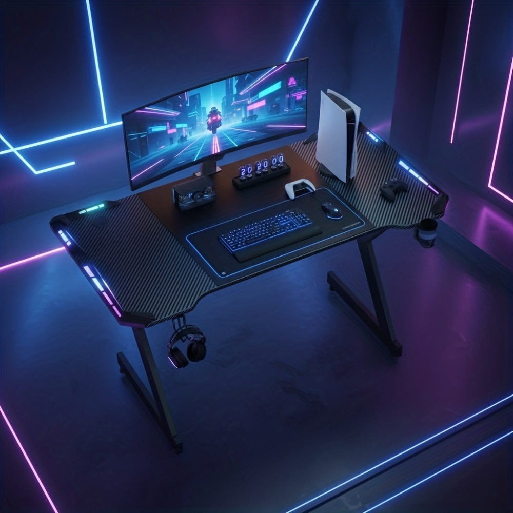 Escritorio de Oficina con Iluminación LED, 100 cm de Tamaño Extra Grande con Revestimiento de Fibra de Carbono, Escritorio para Hogar/Oficina y Gaming, con Portavasos y Soporte para Auriculares, , con Organizador de Cables, Ideal para Trabajadores Remotos