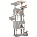 Árbol para Gatos, 180 cm con 8 Postes para Rascar, 3 Plataformas, 2 Cuevas, Cesta, Pelotas de Peluche, Cuerda de Sisal, Adecuado para Gatos de Varios Tamaños, Beige/Gris Claro/Gris Oscuro