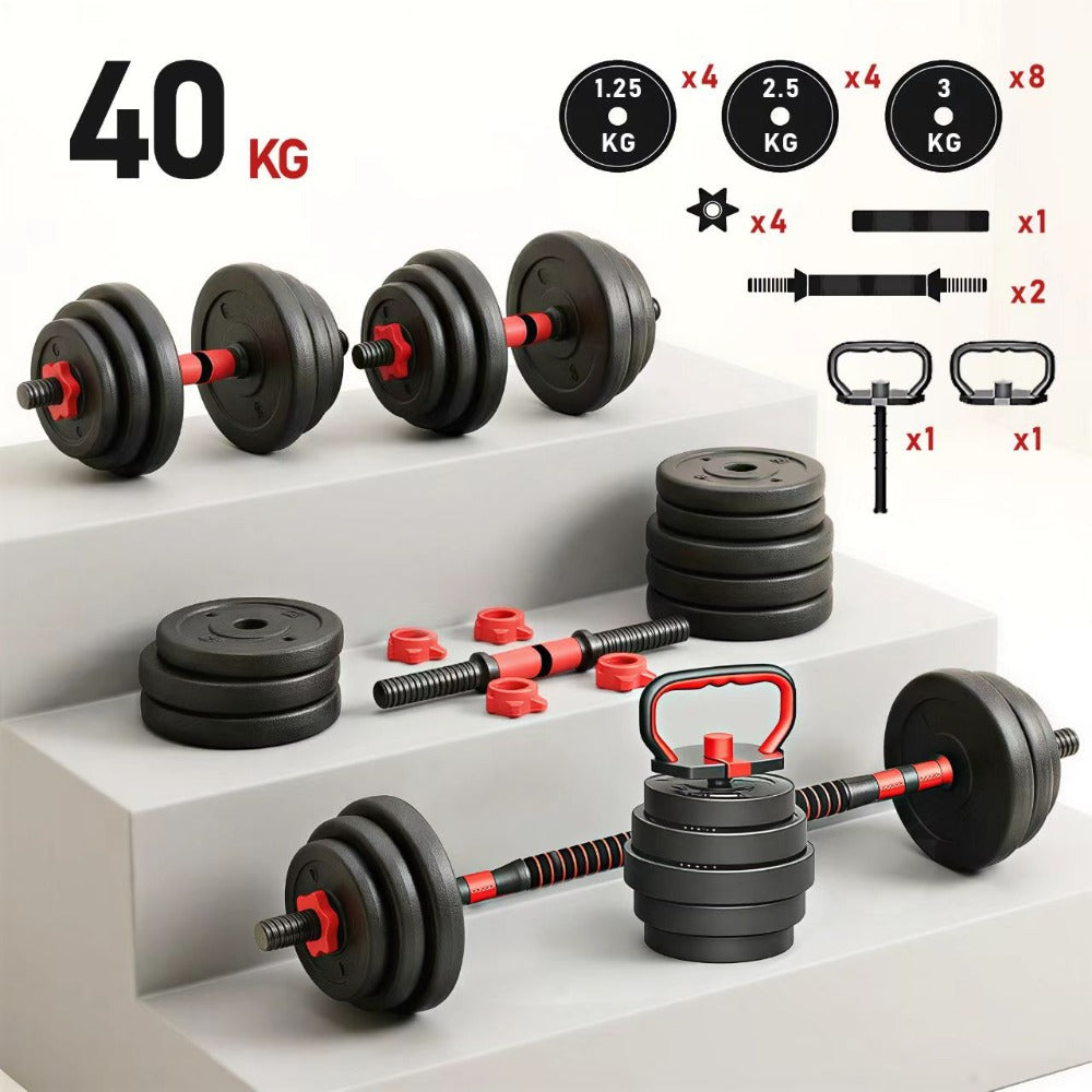 Juego de mancuernas ajustables 2 en 1 de 40 kg. Este juego multifuncional incluye discos para mancuernas, barra de conexión y barra para pesas rusas. Compatible con diversas barras de conexión, ideal para hombres y mujeres.，mancuernas pesadas