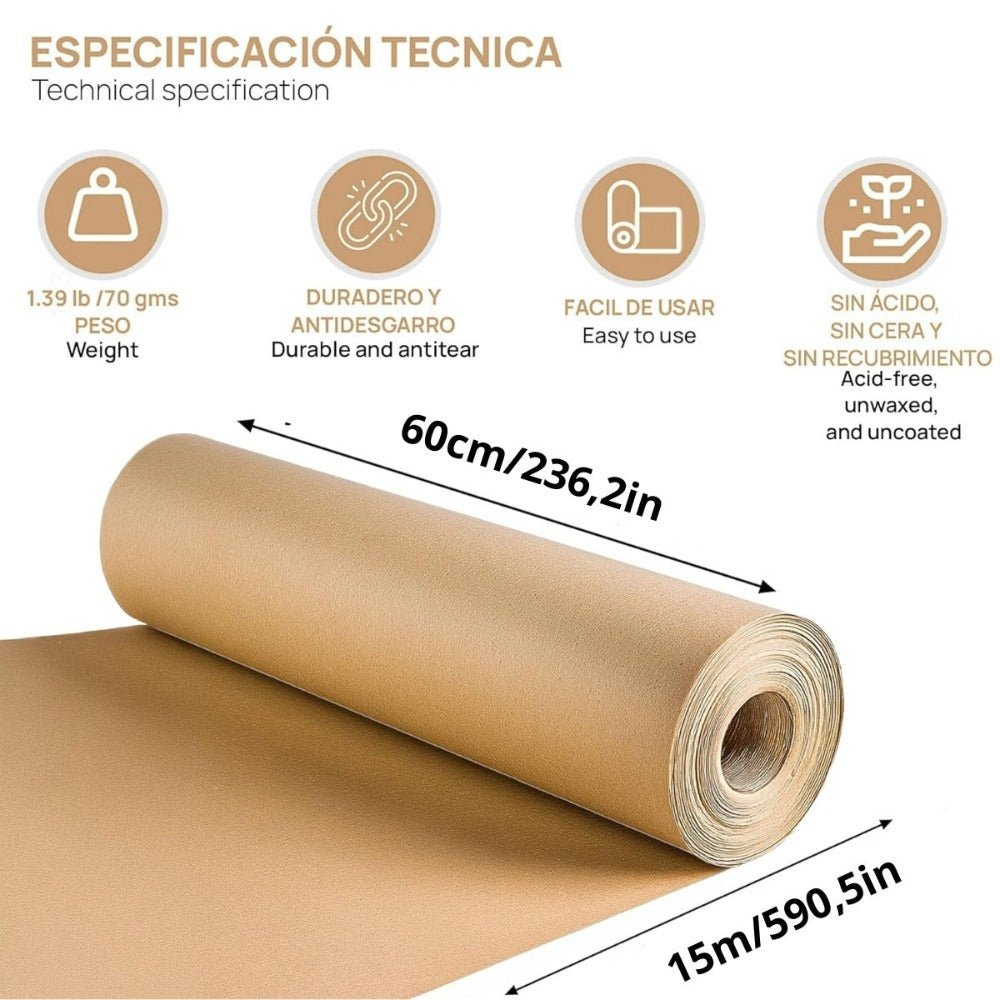 1 Rollo de papel kraft marrón 60 cm × 15 m – Papel en bobina multiuso para embalaje, envolver regalos, patronaje, manualidades, artesanía, decoración e industria