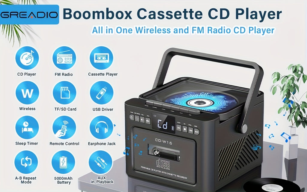 Reproductor portátil de CD y casete para música, radio y grabación