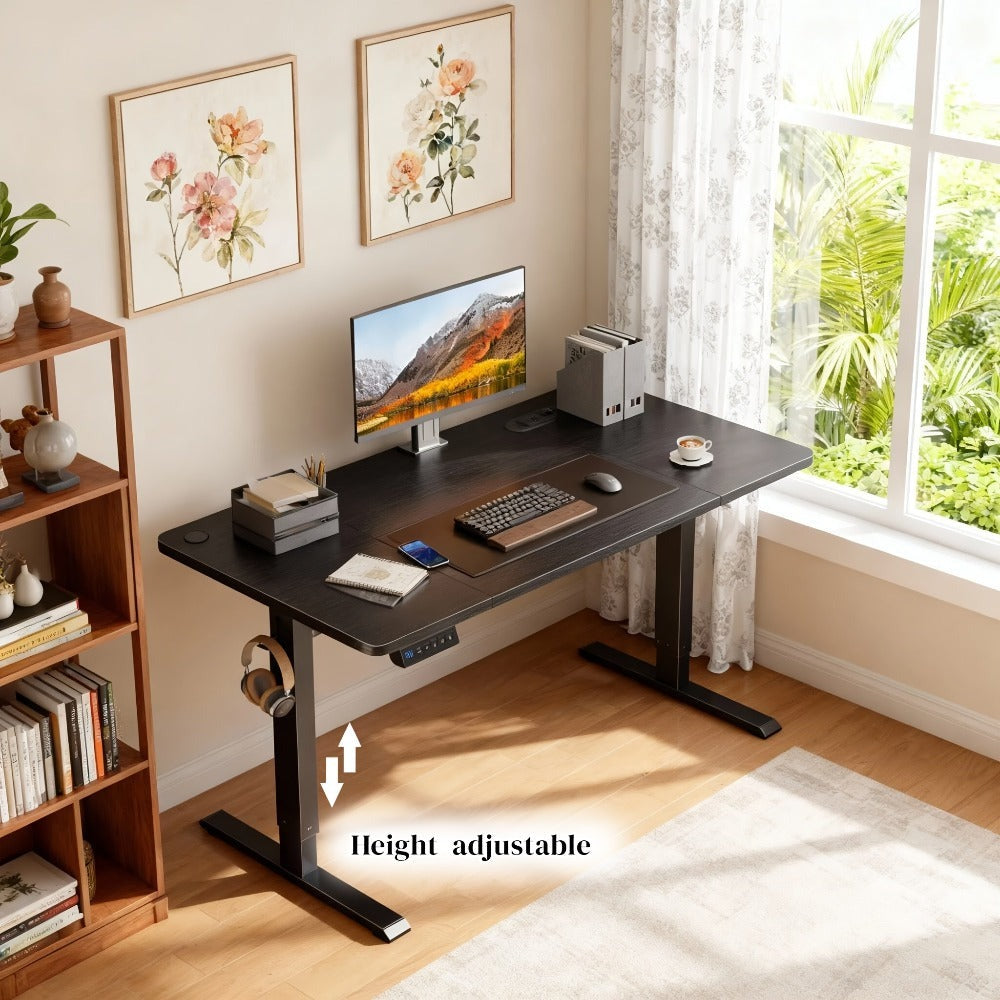 Escritorio Eléctrico Ajustable en Altura con Toma de Corriente Integrada y Puerto USB - Motor Silencioso, 3 Memorias Preestablecidas, Escritorio de Pie para Oficina en Casa, Tamaños Ancho/Estrecho, Madera y Estructura, Protección contra Sobrecalentamiento