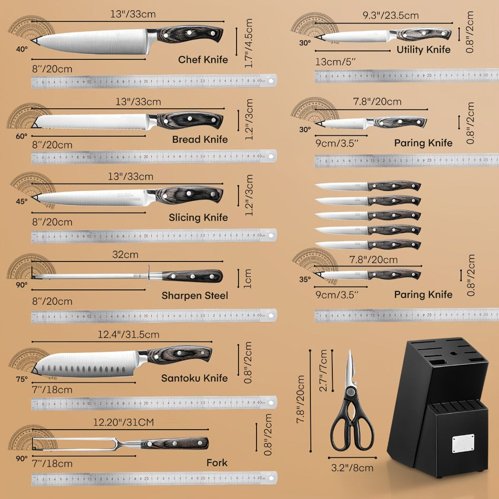 16 piezas de complementos de cocina, juego de cocina, artículos de cocina, con mango de madera, juego de acero inoxidable con bloque de madera, electrodomésticos y complementos de cocina profesionales con acero de afilar, regalo de Navidad ideal para madr