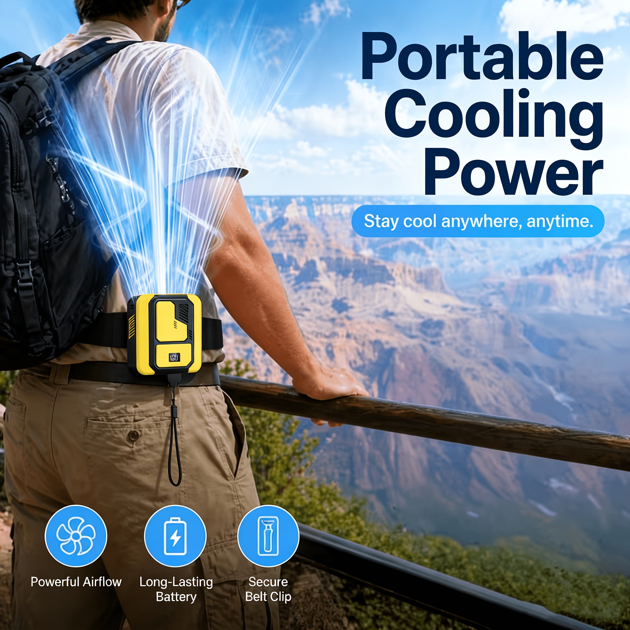 Ventilador de cintura portátil 3 en 1 | Ventilador de cintura, ventilador de escritorio portátil, potente energía eólica, pantalla digital, 3 velocidades de viento, recargable por USB, ventilador silencioso de enfriamiento rápido, ventilador de cintura po