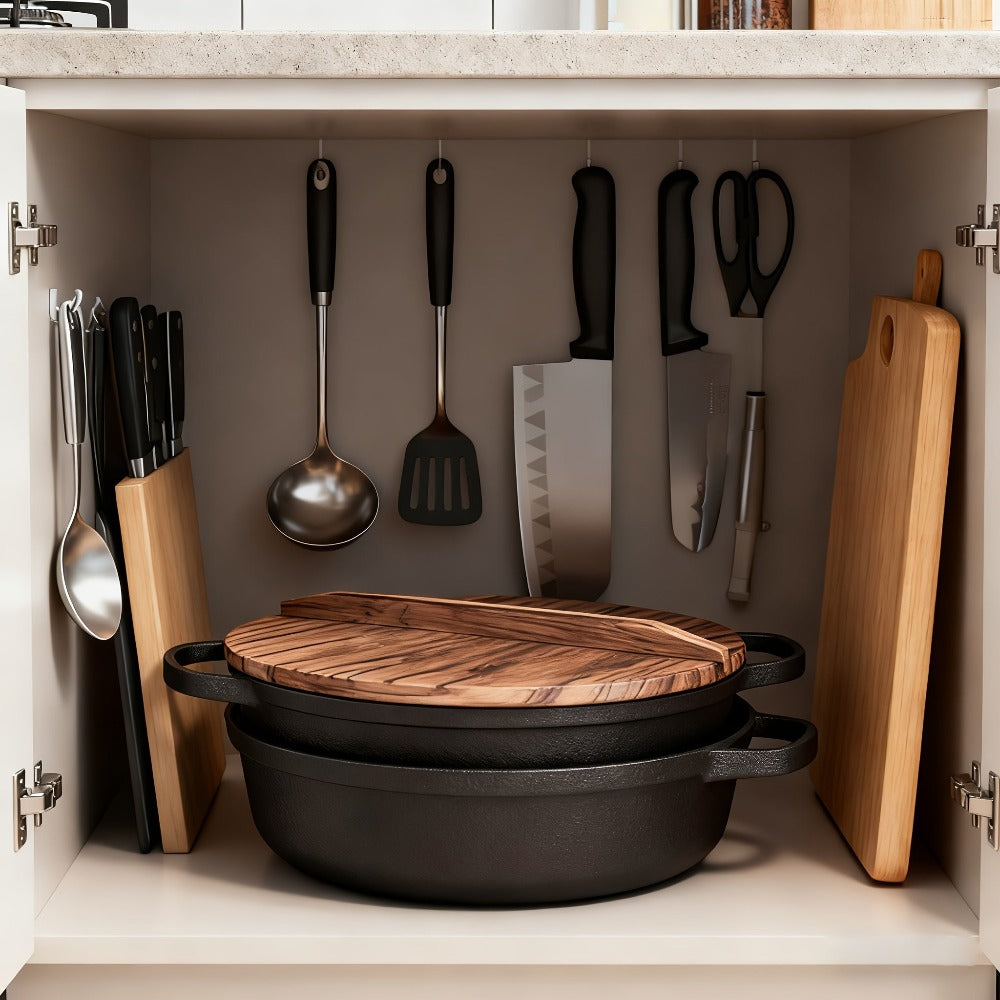 Olla de hierro fundido de 25CM con doble asa y tapa de madera, material de hierro fundido de alta calidad, conducción de calor uniforme, compatible con vaporización, fritura, estofado y hervido, apta para cocinas de inducción, estufas de cerámica y fuego