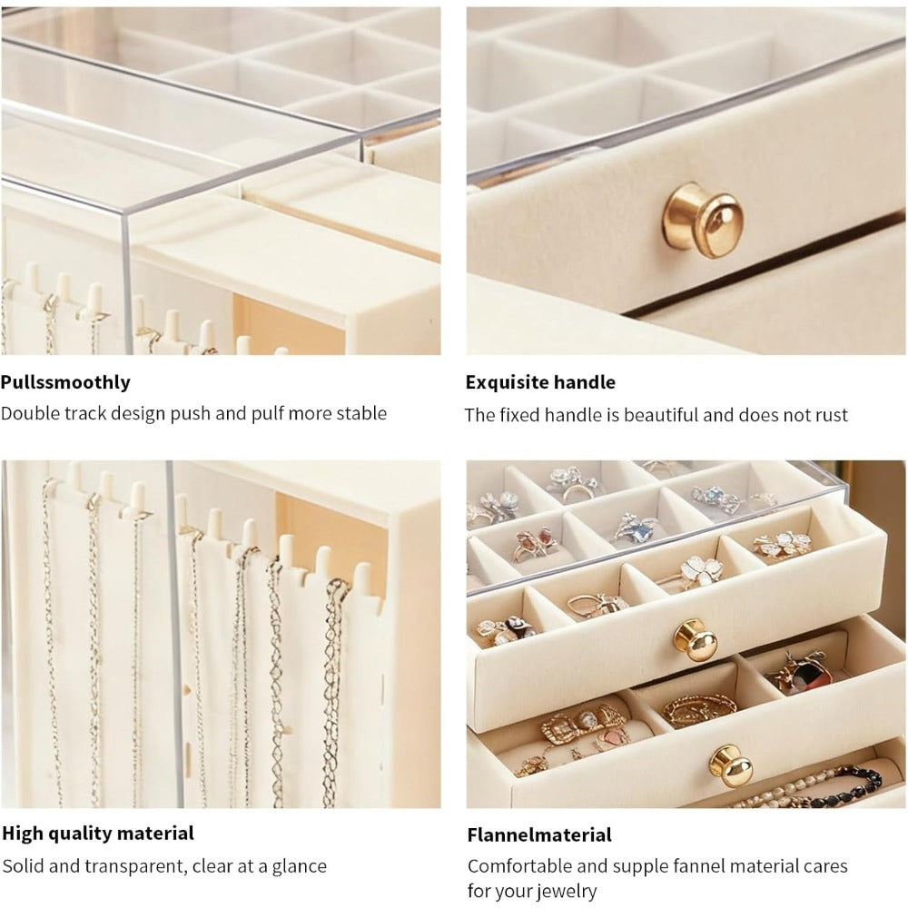 Caja de almacenamiento de joyas de gran capacidad con cajones y puerta lateral transparente, organizador multicapa para aretes, collares, anillos y pulseras, elegante solución de almacenamiento para tocador, joyeros
