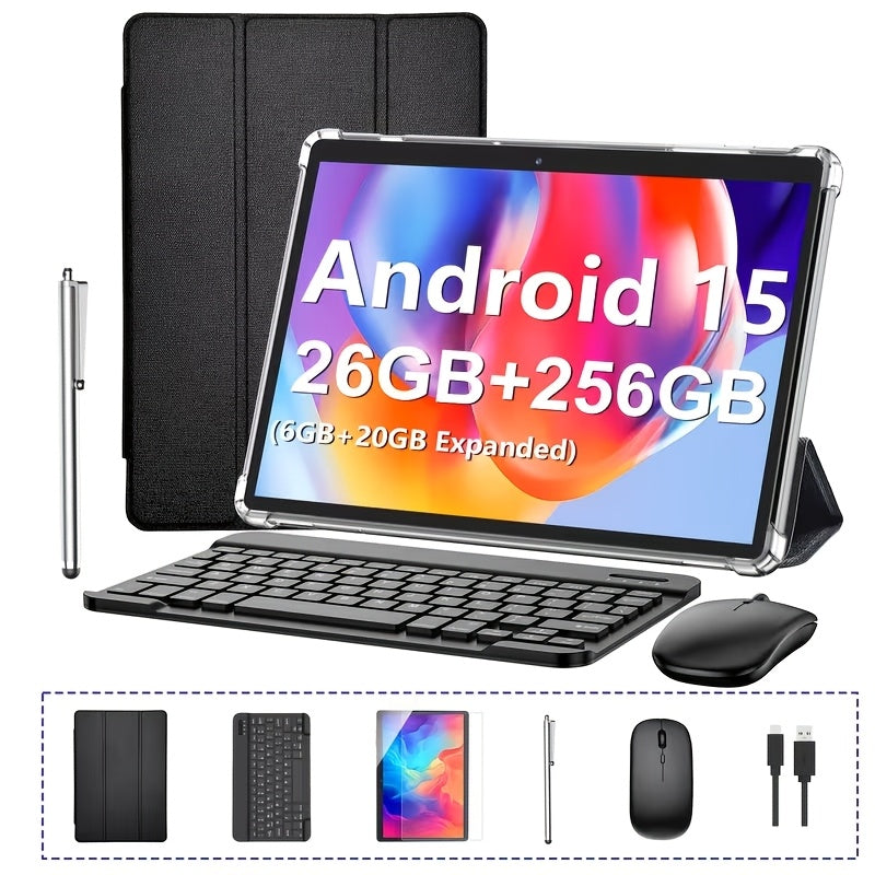Tableta QDDQ Android 15 con teclado, 256 GB de almacenamiento, 26 (6+20) GB de RAM, expansión SD de 1 TB (sin tarjeta SD), tableta 2 en 1, tableta de 10.1 pulgadas con funda, ratón, lápiz óptico, IPS de 1280x800, inalámbrica 2.4G/5G, tableta WIFI, Tipo-C