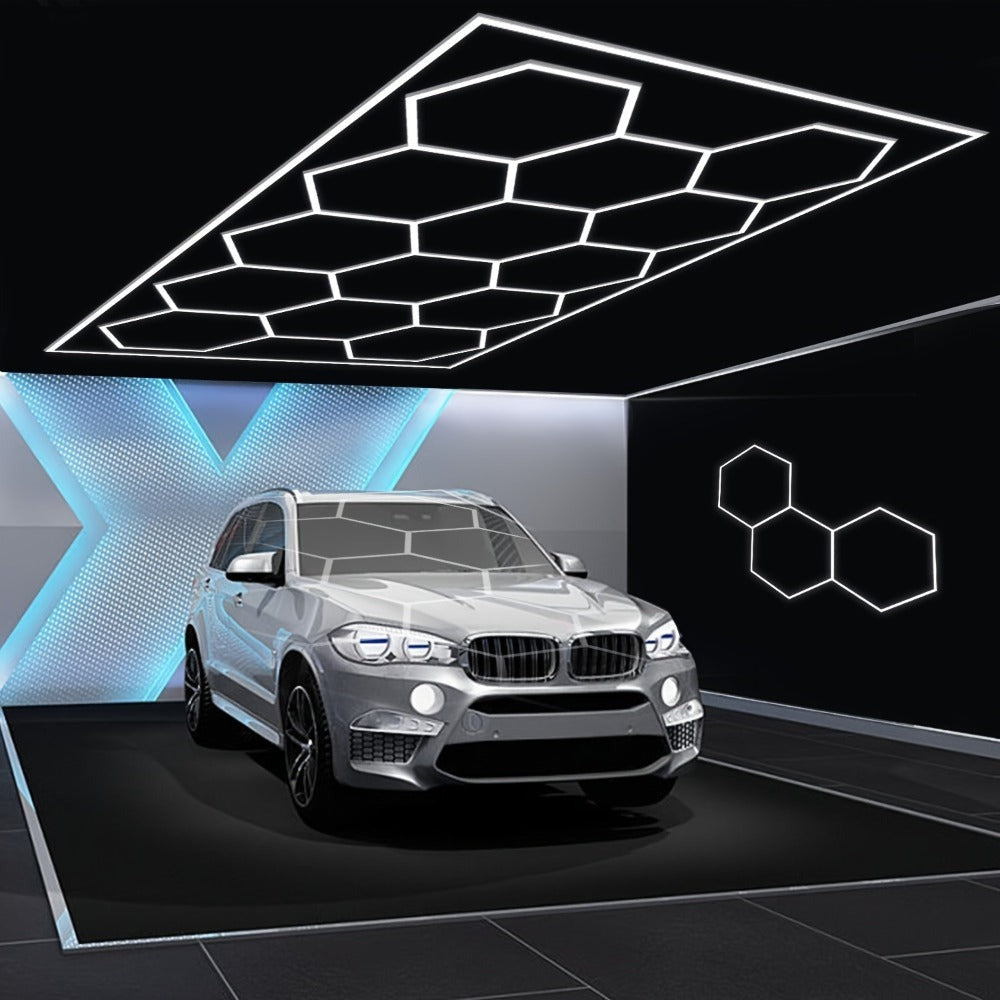 Luz de Garaje Hexagonal - Diseño Semi-Empotrado de 14 Agujeros, Marco Rectangular con Estructura de Panal LED, 6500K para Taller, Gimnasio, Peluquería, Oficina y Iluminación de Juegos