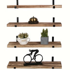 Un juego de cuatro estantes de pared rústicos de madera marrones, ideales para almacenamiento flotante en la cocina, el dormitorio y la sala de estar, estantes flotantes