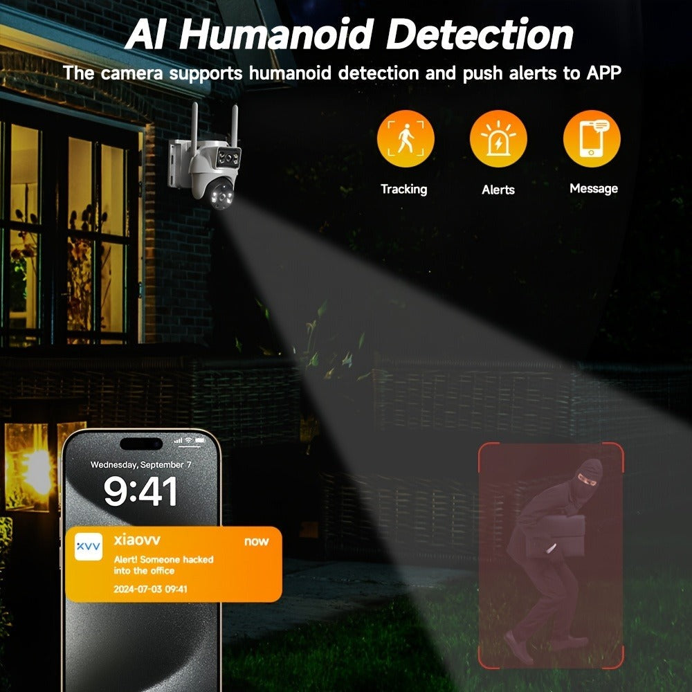 2 Cámaras WiFi de 8MP con Doble Lente, Visión Nocturna a Color, Ángulo de 360°, Audio Bidireccional, Detecção PIR y Alimentación Solar, Compatible con Red 2.4G