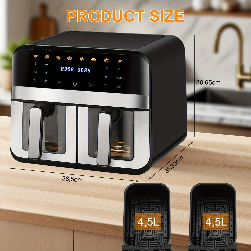 Freidora de aire de 9L con doble puerta y doble compartimento (4.5L+4.5L) - Calentamiento rápido de 2400W, ajustes preestablecidos inteligentes 8 en 1 (aves, pescado, pizza, pan), interfaz tipo pantalla táctil, temporizador de 60 min, control de temperatu