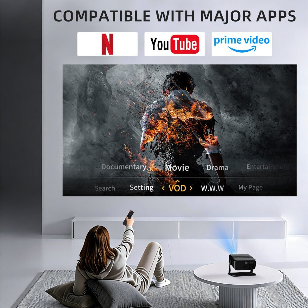 Proyector de cine en casa compacto con compatibilidad 4K, resolución local 720P, activación por voz y ajuste trapezoidal automático, ideal para streaming, dormitorio y aplicaciones de oficina