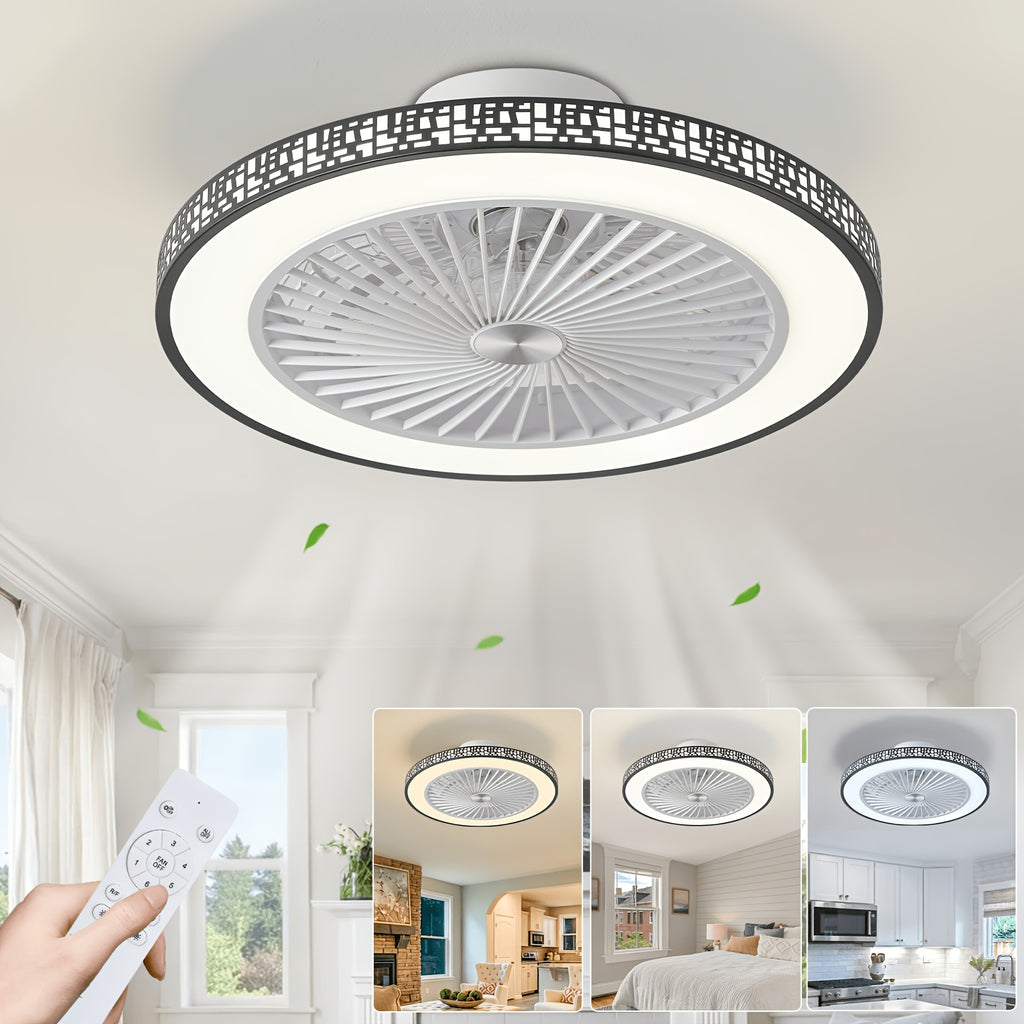 Ventilador de techo moderno de 48.26 cm con luz, 6 velocidades, reversible, de perfil bajo, ventilador de techo empotrado con luz LED regulable 3CCT, ventilador de techo con temporizador y control remoto para sala de estar, cocina, dormitorio y oficina