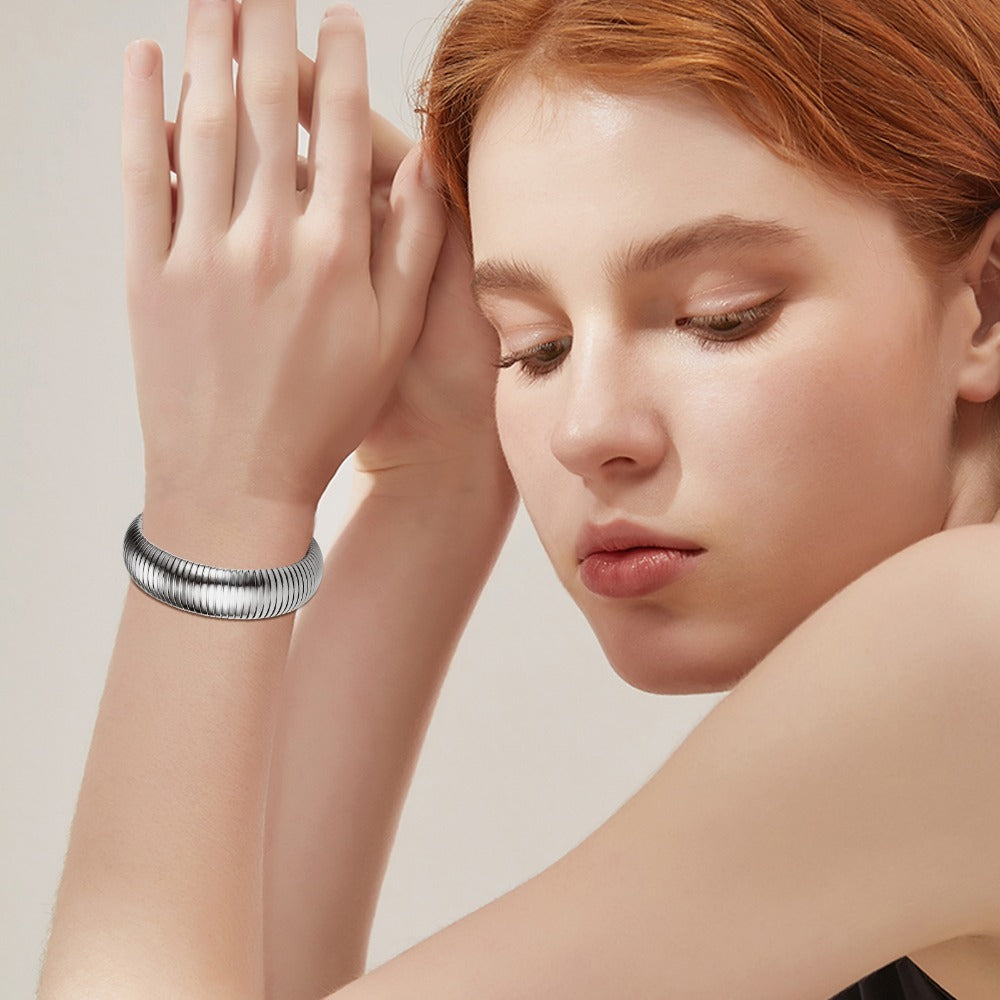 Jewelrywe Pulsera de Serpiente Flexible para Mujer: Brazalete Elástico de Acero Inoxidable de 10 mm de Ancho, Puntero de Serpiente Elástico para Mujer Y