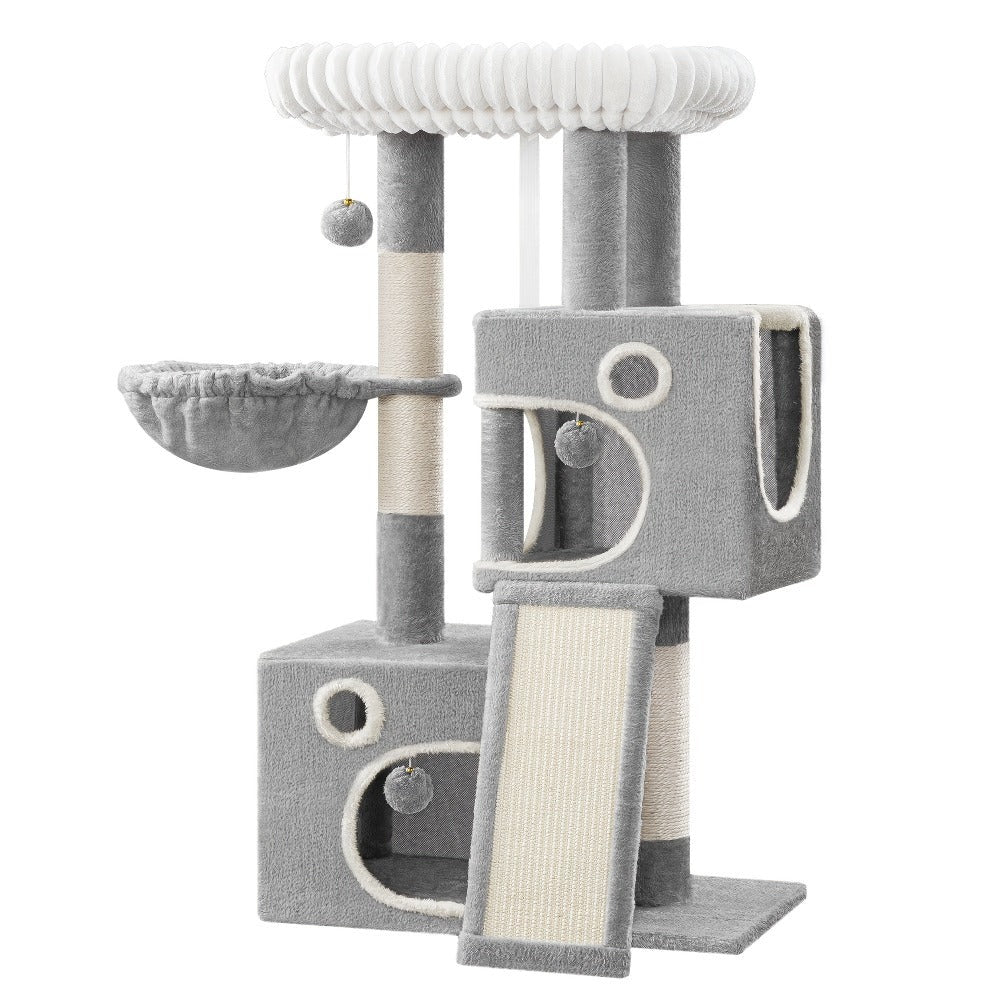Árbol para Gatos Adecuado para Espacios Pequeños con Plataformas de Peluche, Postes de Sisal para Rascar y Base Antivuelco - Rampa de Escalada Multinivel, Cueva y Pompones - Árbol de Juego Resistente para Gatitos y Gatos (Gris Oscuro)