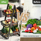 1 Cesta de Almacenamiento de Frutas de Metal de Múltiples Niveles con Asas de Madera - 2 Niveles para Frutas, Verduras y Especias - Soluciones Modernas de Almacenamiento para Cocina, Baño y Hogar, Cesta de Frutas