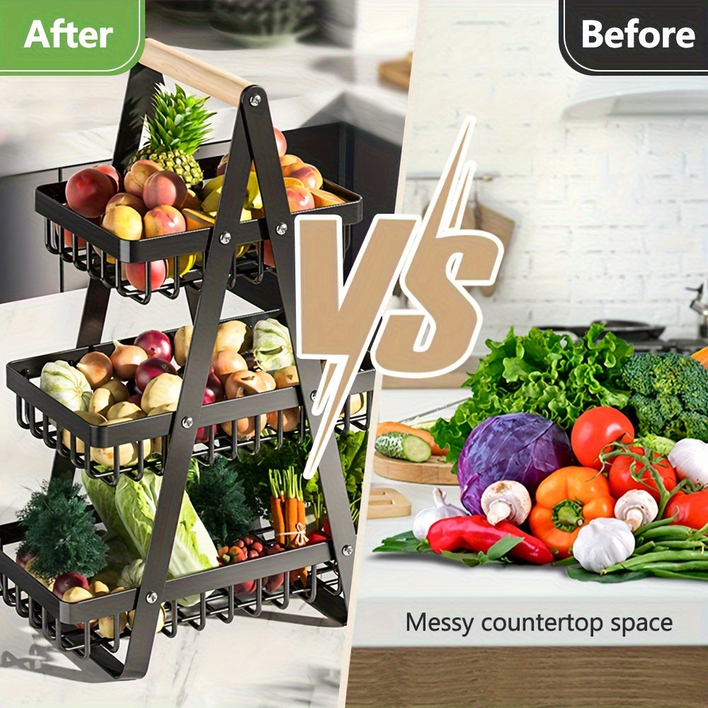 1 Cesta de Almacenamiento de Frutas de Metal de Múltiples Niveles con Asas de Madera - 2 Niveles para Frutas, Verduras y Especias - Soluciones Modernas de Almacenamiento para Cocina, Baño y Hogar, Cesta de Frutas