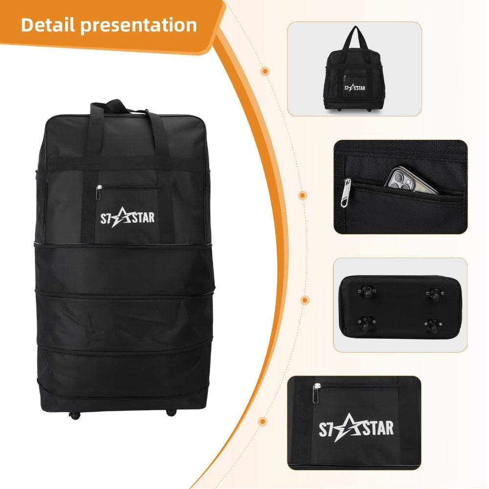 1 bolsa de viaje plegable de gran capacidad - Ligera, portátil, tela Oxford - Ideal para camping, senderismo, viajes familiares, eventos deportivos, escapadas de fin de semana, compras, mudanzas, con ruedas (negro)