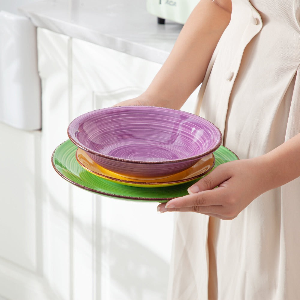 Juego de vajilla de gres de 18 piezas con espirales pintadas a mano, para 6 personas - Elegante juego moderno de platos y cuencos en espiral, servicio para 6, ideal para bodas, cenas de gala y regalo, se adapta a la mesa