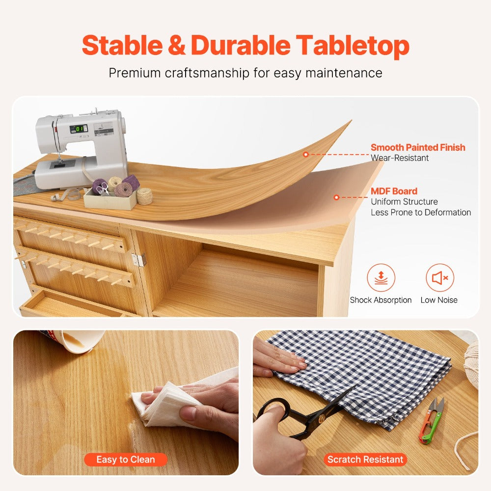 Mesa de costura plegable VEVOR con ruedas con cerradura estantes bandejas puerta color madera