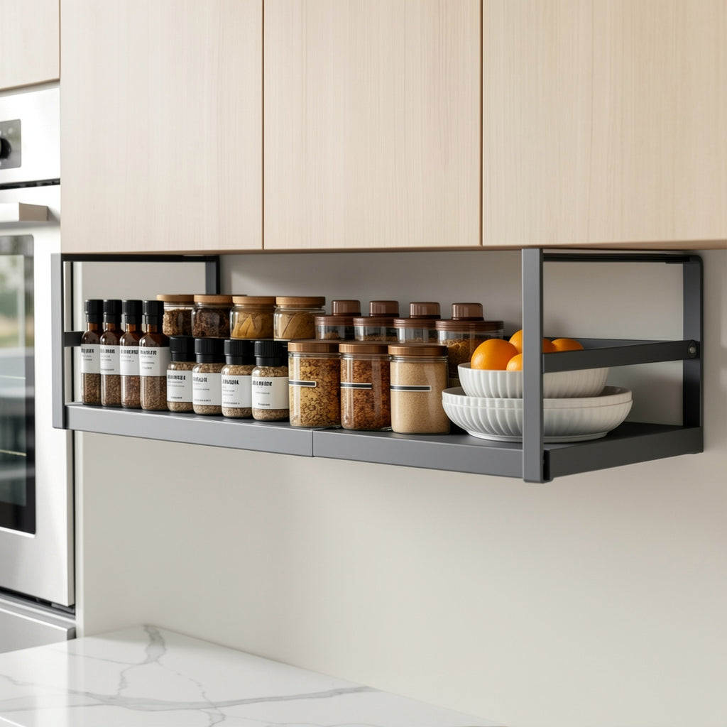 Estante de almacenamiento ajustable para colocar debajo del mueble, organizador de cocina expandible de 45 a 63 cm, estante colgante de metal para especias, frascos, cuencos, organizador que ahorra espacio para cocina, despensa o baño, estantes multiusos