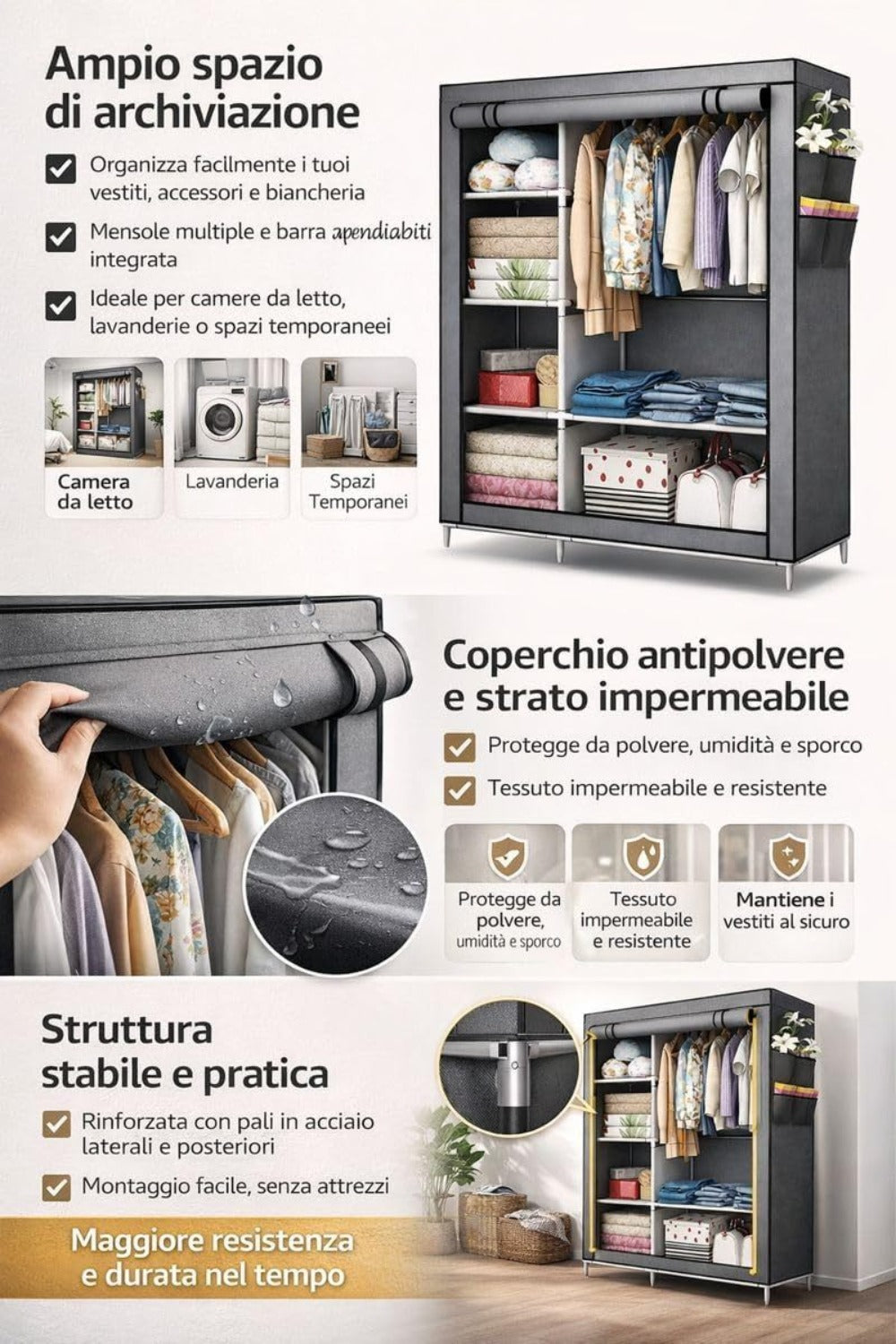 Armario Cecaro Group de tela 105X45X170 Cm - Estructura de acero reforzado, antipolvo e impermeable, armario portátil con estantes y barra para colgar, fácil de montar