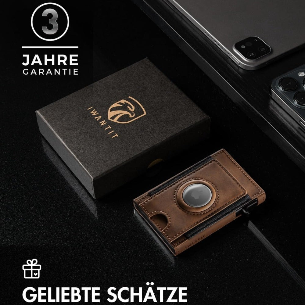 Cartera IWANTIT con Compartimento Grande para Monedas, Cartera para 6-7 Tarjetas, Cartera Delgada para Hombres con Protección RFID, Cartera Inteligente con Apertura Automática, Estuche para Tarjetas con Compartimento para AirTag, Marrón, Minimalista