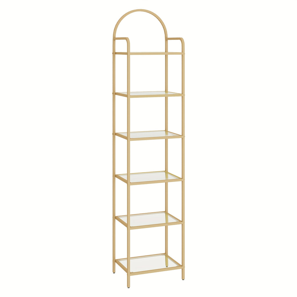 Estantería, Librero de Vidrio Templado, Unidad de Estantería Delgada para Dormitorio, Baño, Oficina en Casa, Estructura de Acero, 6 Estantes Dorados, Estantes