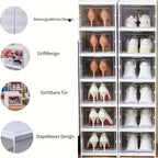 Cajas de zapatos apilables, contenedores de almacenamiento de plástico grueso de 6/9 niveles – Estante de zapatos plegable y abatible con diseño de tapa abatible, no requiere montaje, diseño vertical que ahorra espacio, apto para zapatillas/botas/tacones