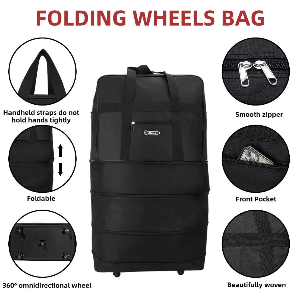 Bolsa de viaje de tela duradera diseñada para flexibilidad con espacio expandible. Viene con ruedas suaves y asas reforzadas para un transporte versátil. Incluye un práctico bolsillo frontal. Disponible en 3 tamaños, perfecta para todas tus necesidades de