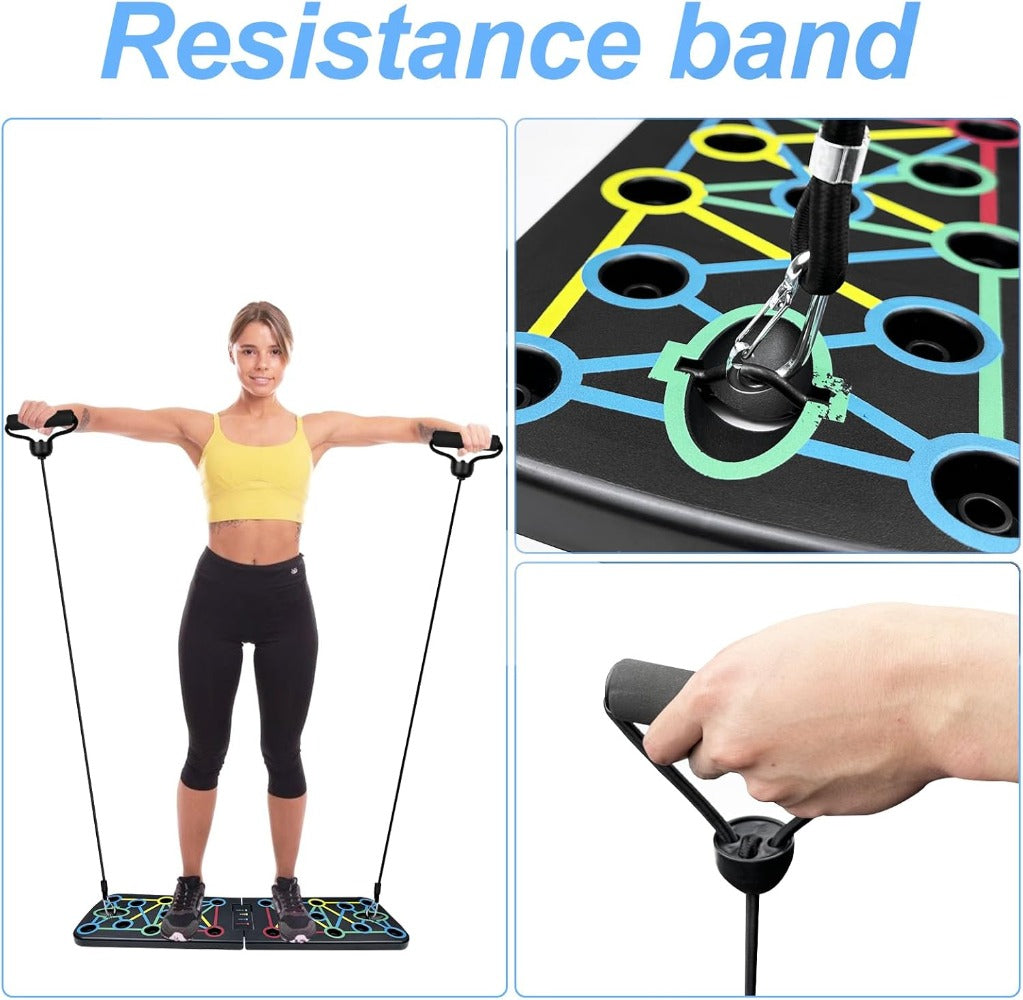 Tabla de flexiones multifuncional plegable，Entrenador de flexiones multifuncional plegable y portátil con asas antideslizantes y 2 bandas de resistencia. Diseño antideslizante, desmontable y fácil de guardar.barra de empuje para gimnasio en casa, manija d