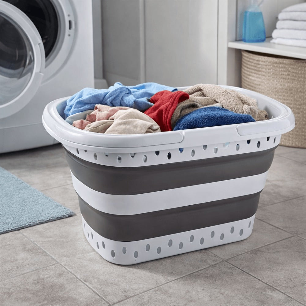 Cesto de lavandería retráctil y plegable con asas - 45 litros - Blanco Gris